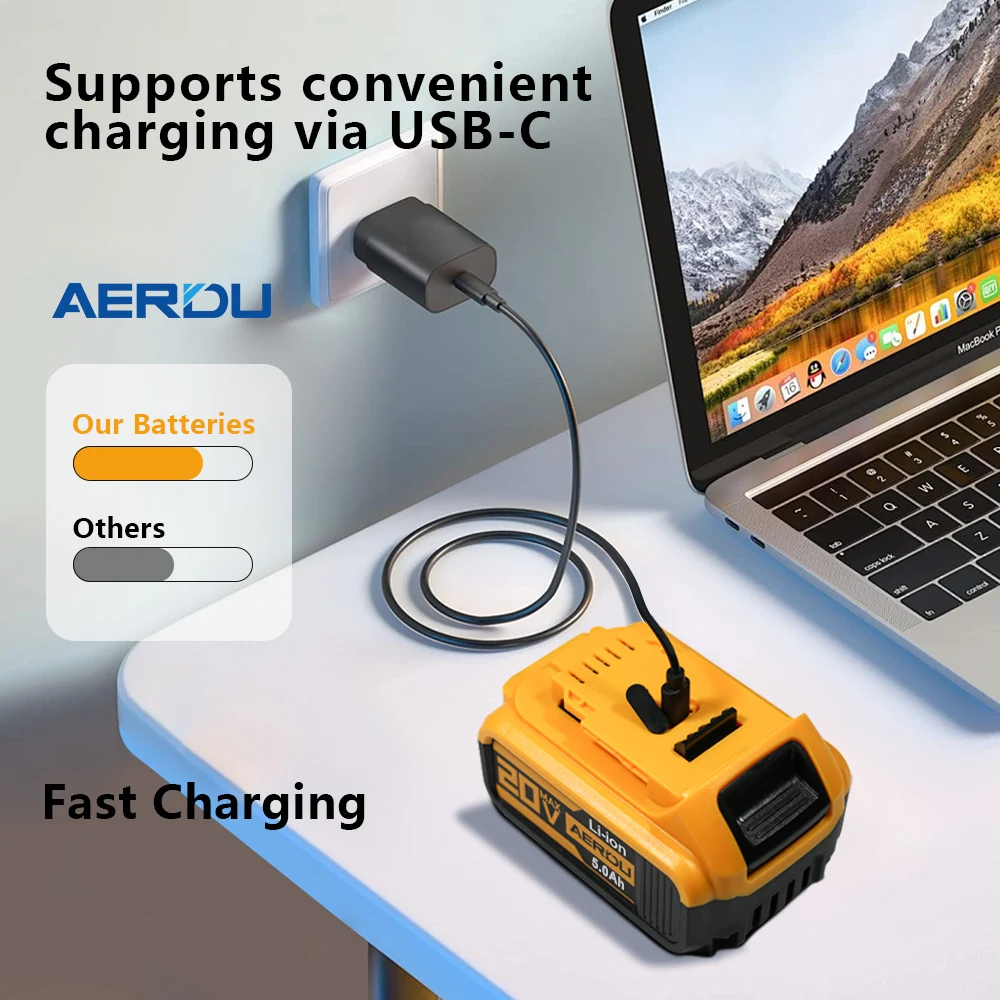 

AERDU 5.0Ah Type-C Battery Replacement for DeWalt 20V Max DCB205 DCB204, 1/2/4-Pack 18650 Li-ion Real 5000mAh Power Bank