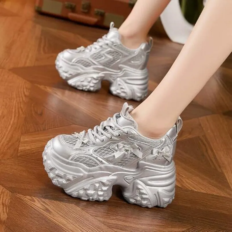 10CM Women Air Mesh Shoe Genuine Leather Chunky Sneaker Fashion Spring Summer Ankle Boots High Brand Comfy Booties Zapatos Mujer