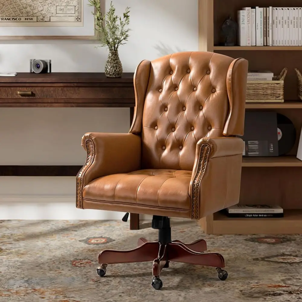 

Vintage Camel Wingback PU Leather Office Chair with Nail Trim, Adjustable Swivel Desk Chair with Rolled Armrests and Casters