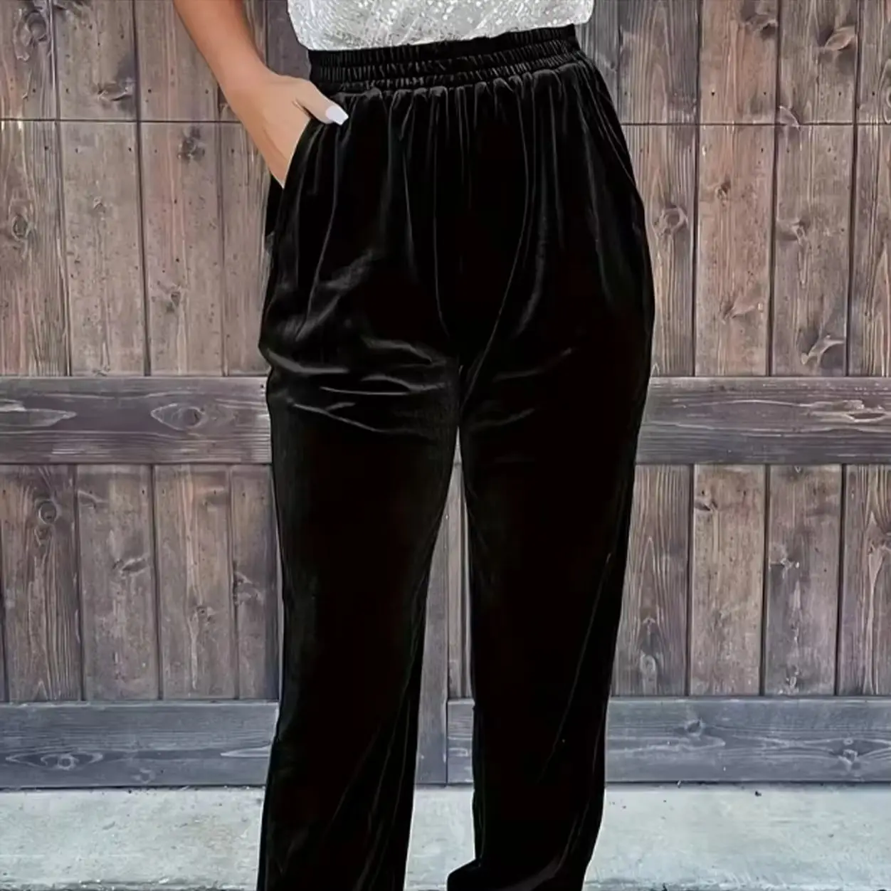Herbst-Winter Damen Samt-Haremshose mit Elastischem Bund, Lose Freizeithose mit Seitentaschen, Einfarbig Schwarz, Jogger Streetwear – Detail 1