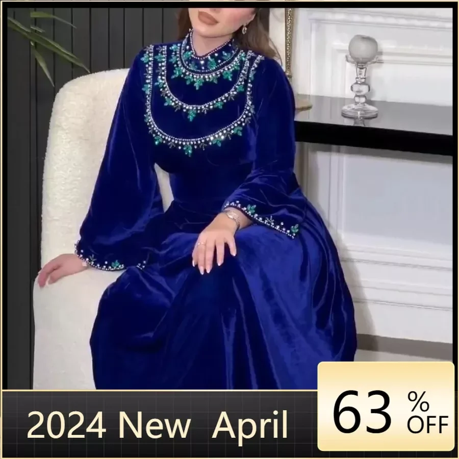 Saudi Arabia Women Royal Blue Luxury Prom Dresses A line Party Dress Long Sleeves Zipper Formal Evening Dresses Robes de soirée