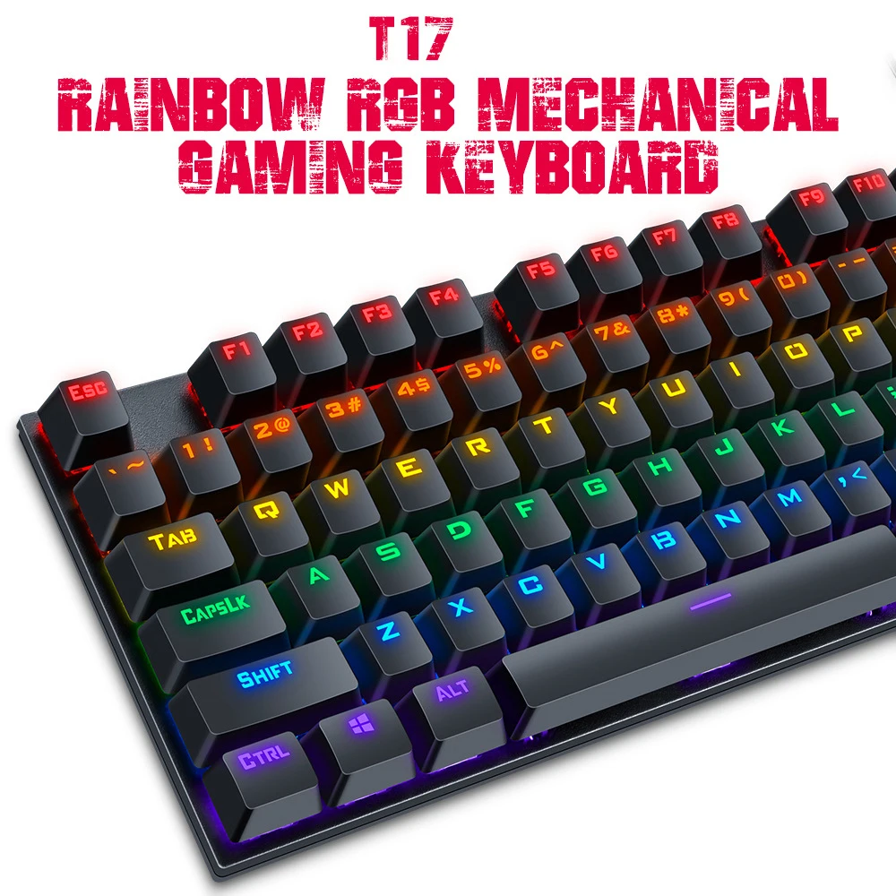 

USB Проводная Механическая клавиатура T17, RGB, радуга, игровой компьютер, эргономичная мультимедийная клавиатура с 104 клавишами