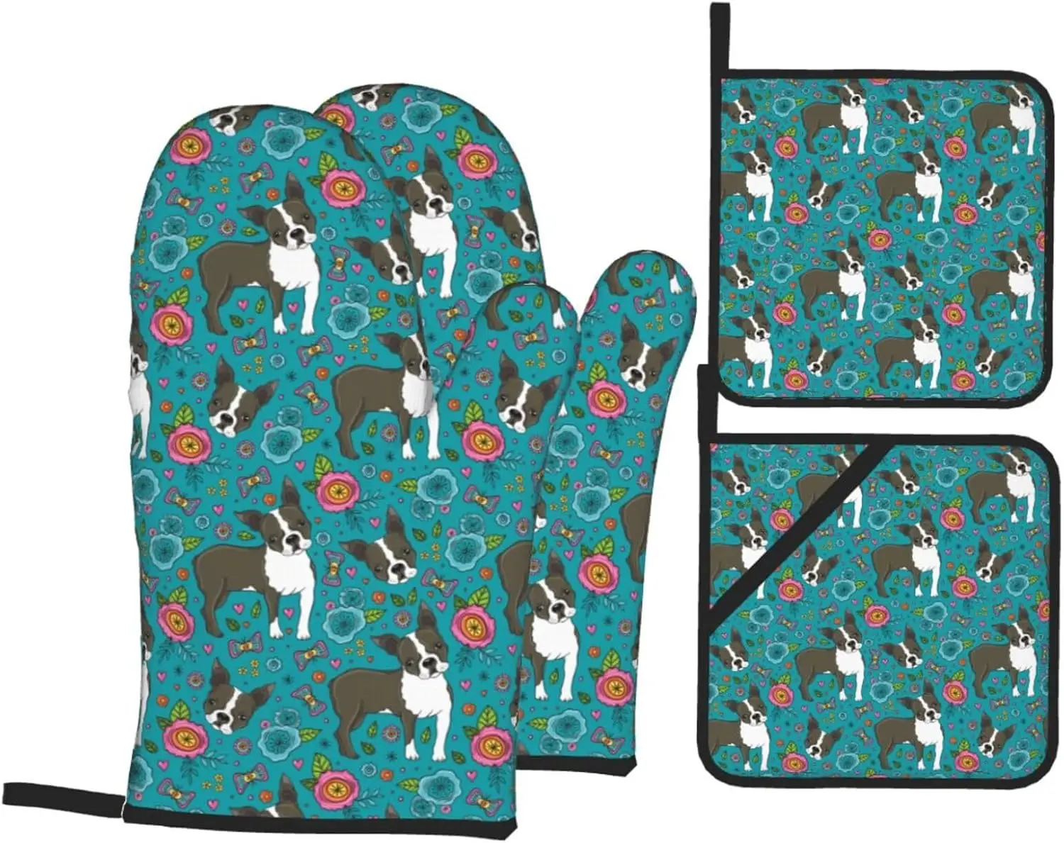Boston Terrier and Flowers Oven Mitts and Pot Holders Sets Set of 4，Resistant Hot Pads Non-Slip Cotton Lining Gloves