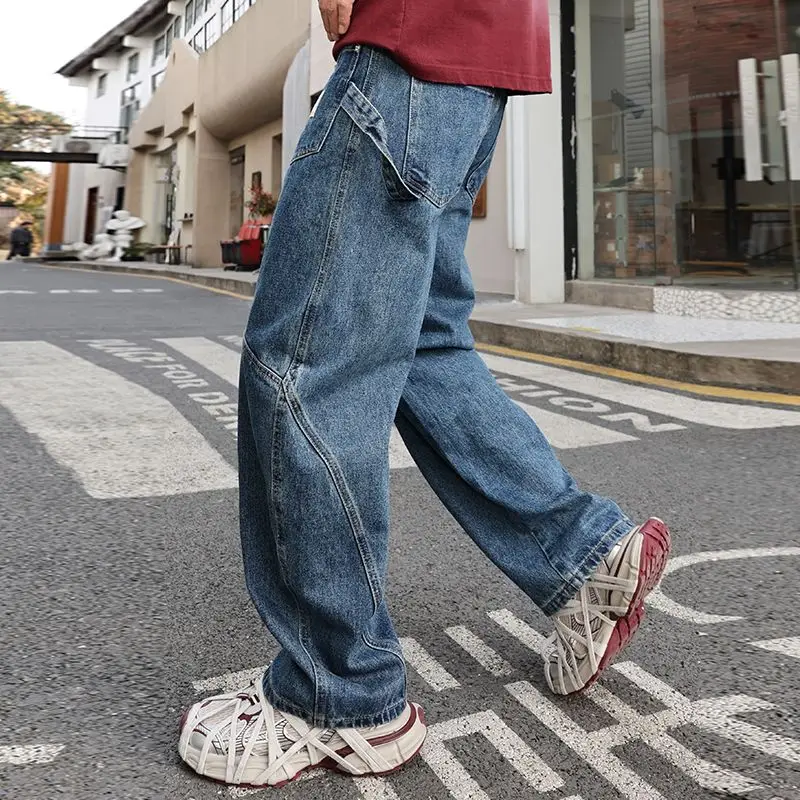 New Fashion Jeans Men Straight Leg Spliced Denim Pants Spring Male's Vintage Blue Pants