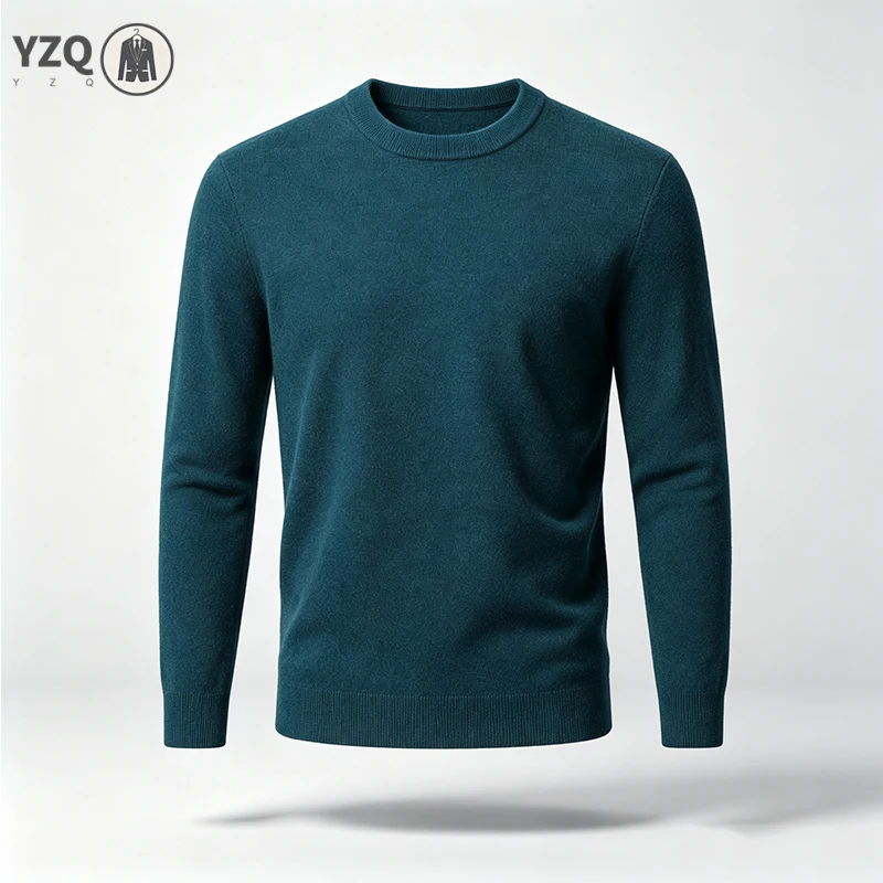 Male Warm Knitted Pullover Round Neck Style Lightweight Soft Knit Fabric Long Sleeve Tops For Office And Daily Outfit
