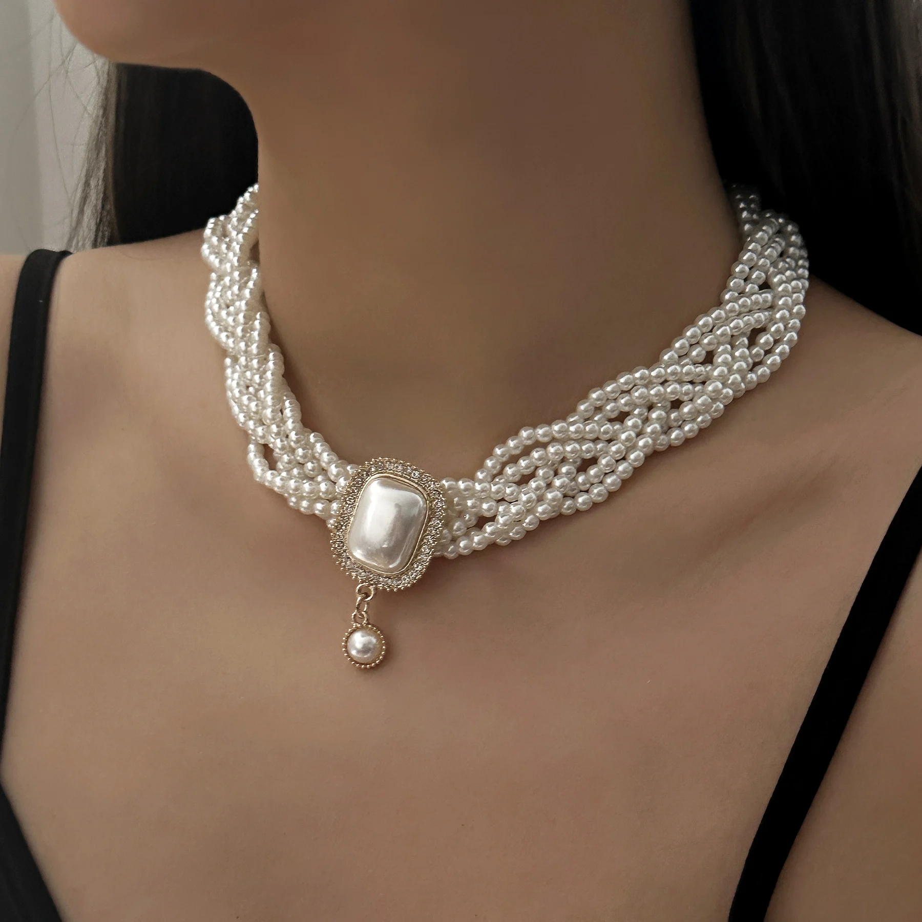 Women's Elegant Imitation Pearl Multi Strands Twisted Necklace Earring Set