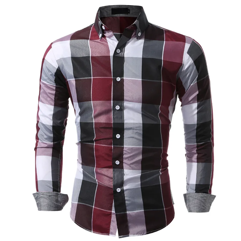 Spring Autumn Men's Lapel Long Sleeve Checkered Shirt Fashion Casual Contrasting Plaid Slim Fit Shirt