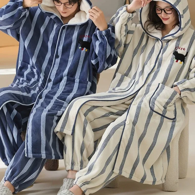 Winter Warm Flannel Nightwear for Couple 2026 New Fashion Pajamas Set with Hooded Women and Men Matching Sleepwear Plush Pijamas