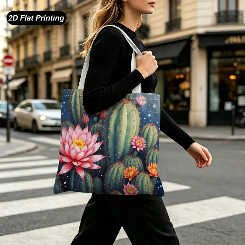 1PC【Tote Bag】Cactus flower print large capacity tote bag，Suitable shopping、Outdoor Travel、Daily Commute，Increase sense of ha