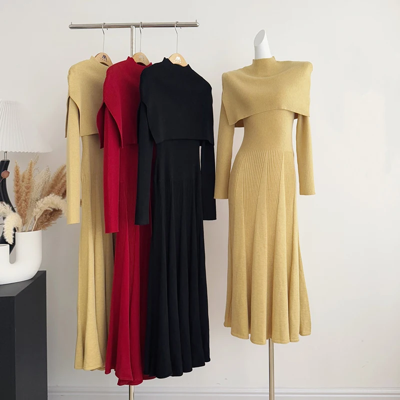 

Wool Mermaid Dress Women Winter Warm Long Sleeve Long Dress Maxi Solid Color Slim High Waist Stretch Sweater Dress with Shawl