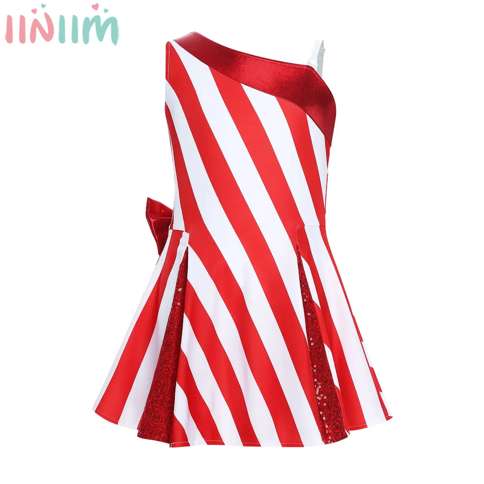 Kids Girls Christmas Candy Cane Striped Dress One Shoulder Metallic Bow Sequins Dresses Xmas New Year Party Festival Costume