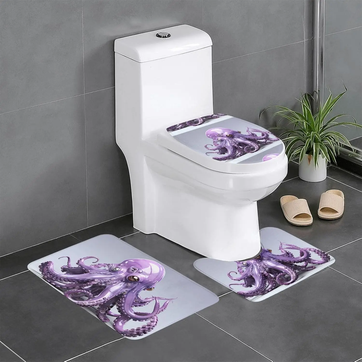 

3 шт., набор из трех предметов с фиолетовым узором осьминога для ванной комнаты, коврики для душа в ванной комнате, противоскользящие, быстросохнущие