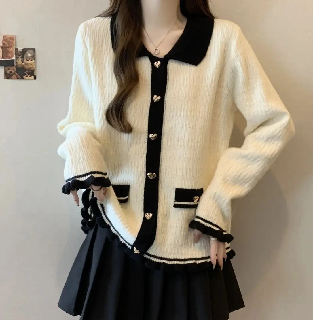 

New Collar Knitted Sweater Coat Women's Autumn WinterSize Cover Belly Slimming Heart Buckle Top Fashionable Casual
