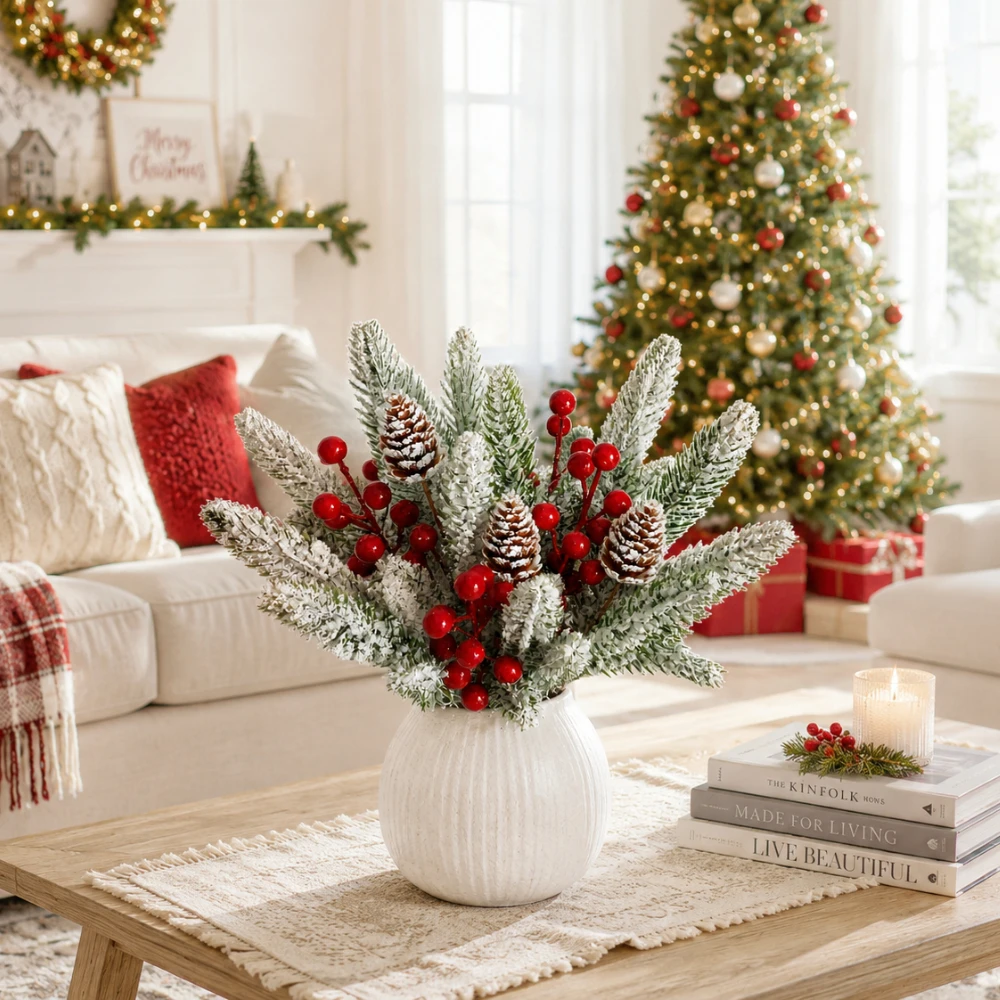 20 Stück künstliche Weihnachts-Zedernzweige mit roten Beeren, Tannenzapfen und schneebedecktem Wintergrün für Vasen, Kränze, Girlanden und DIY-Dekorationen – Detail 5