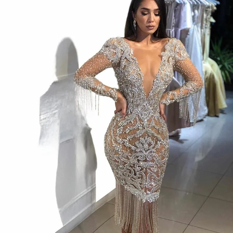 

Deep V Hollow out Long Sve Golden Sprinkled Dr Women's Faion 2024 Svel Evening Gown mid Waist Small Train
