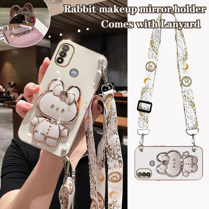 Crossbody Lanyard Plating Phone Rabbit Holder Case For Motorola Moto E20 E7 Power E6S EDGE 20 30 E13 E22 G8 G9 G13 G22 G23 Cover