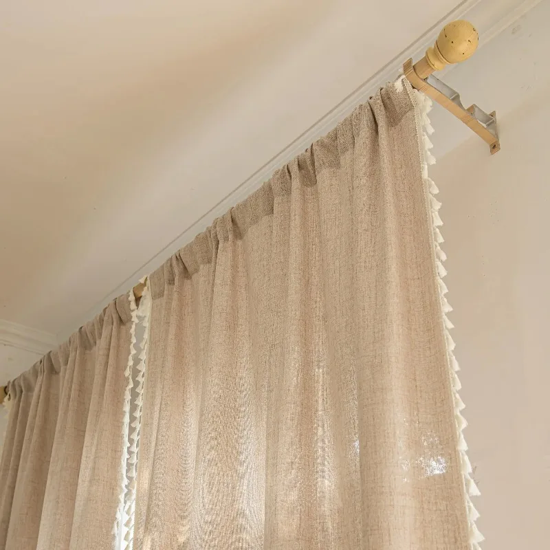 

Хлопковые льняные шторы, полупрозрачные занавески из натуральных тканей с кистями и карманом для карниза, шторы в стиле фермерского дома для гостиной и спальни
