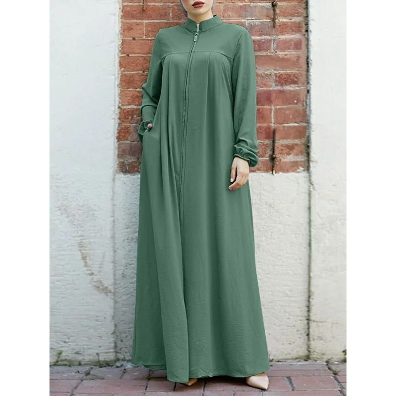 

Arabic Style Standing Collar Zipper Cardigan Abayas for Women Saudi Arabia Dubai Abaya Fashion Muslim Maxi Dresses for Women