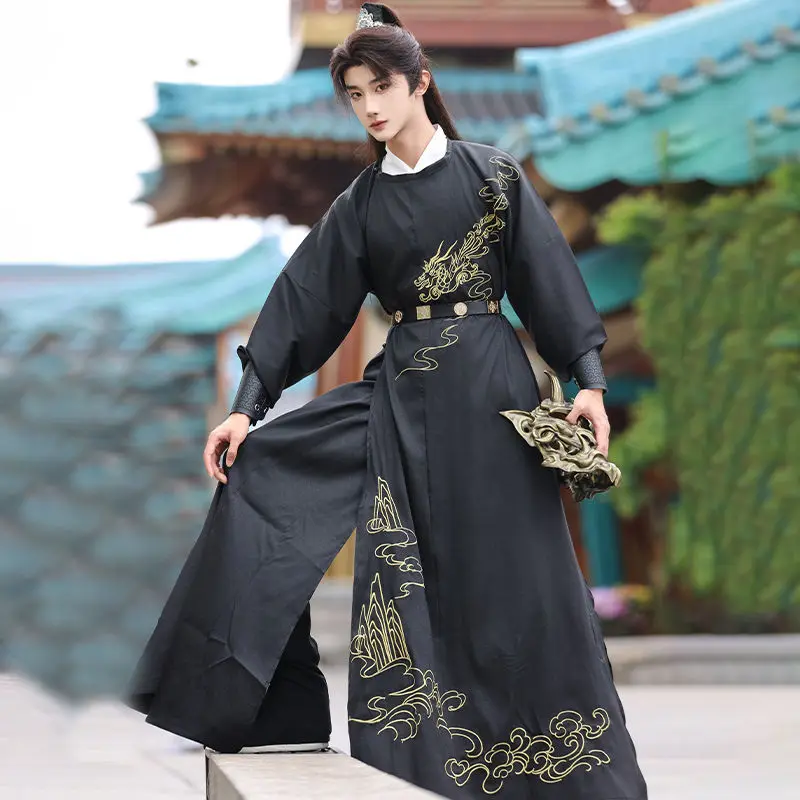 Hua Qingjin[lush mountain]Tang style round necked robe embroidered Hanfu Spring and Autumn daily narrow sleeved performance