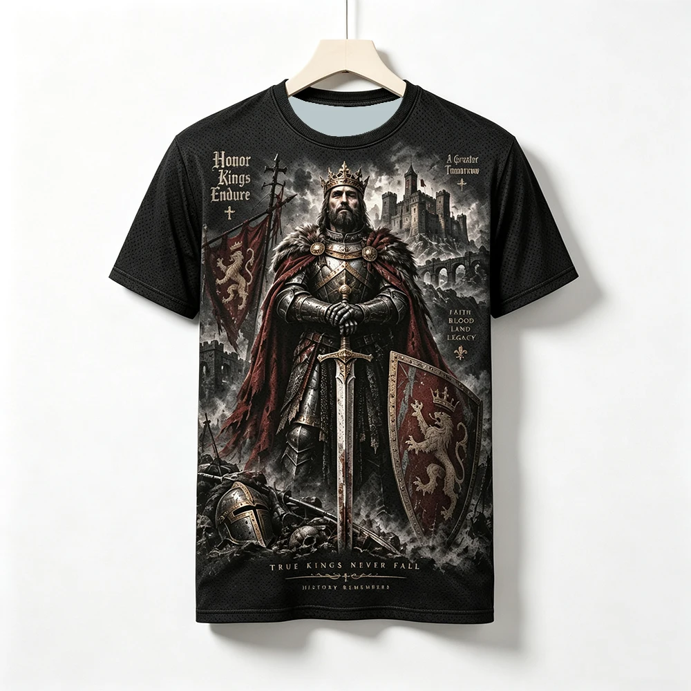 Men's round neck short sleeved T-shirt, Iron Blood War Century War print, medieval warrior breathable quick drying top