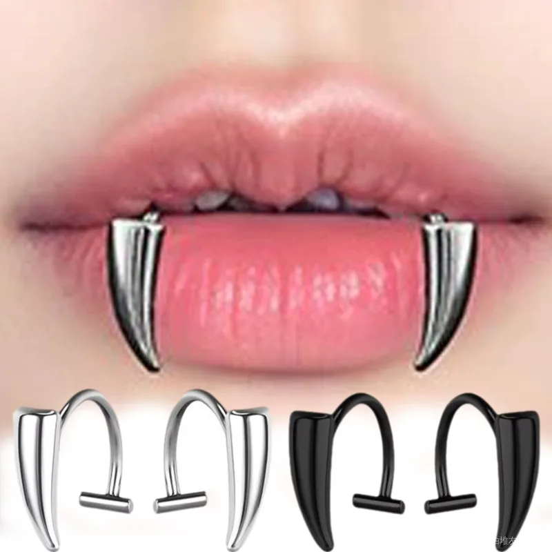 2/4PCS Edelstahl personalisierte scharfe Zähne gefälschte Piercing Lippenring Punk übertrieben Schmuck für Frauen Gothic Körperschmuck