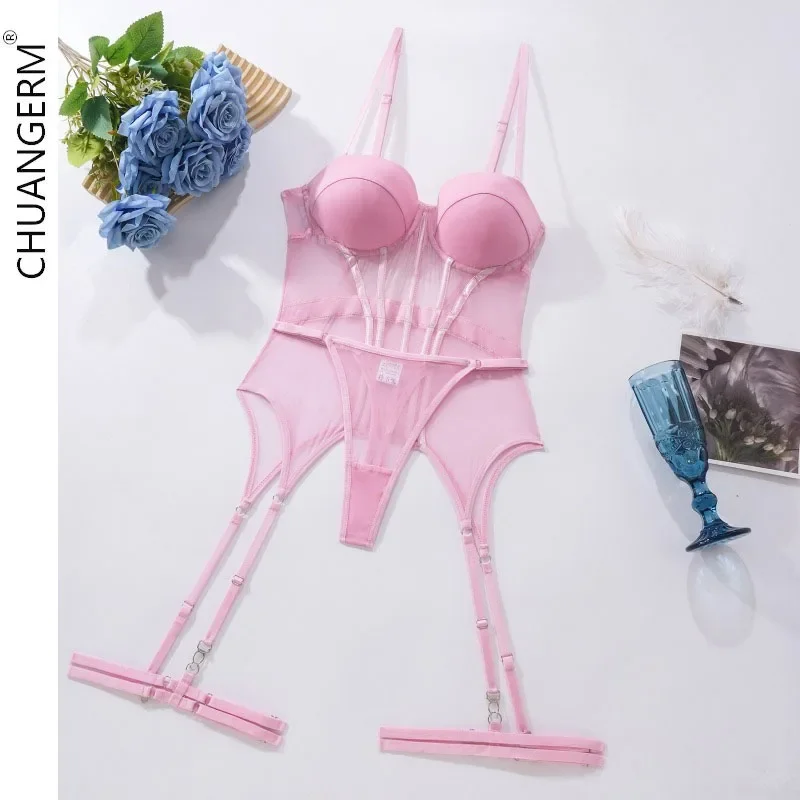 

CHUANGERM Sexy Women Lingerie Breathable Body Shaping Split Garter Set Thin Mesh Bra Panty Set Patchwork Erotic Corset Outfits