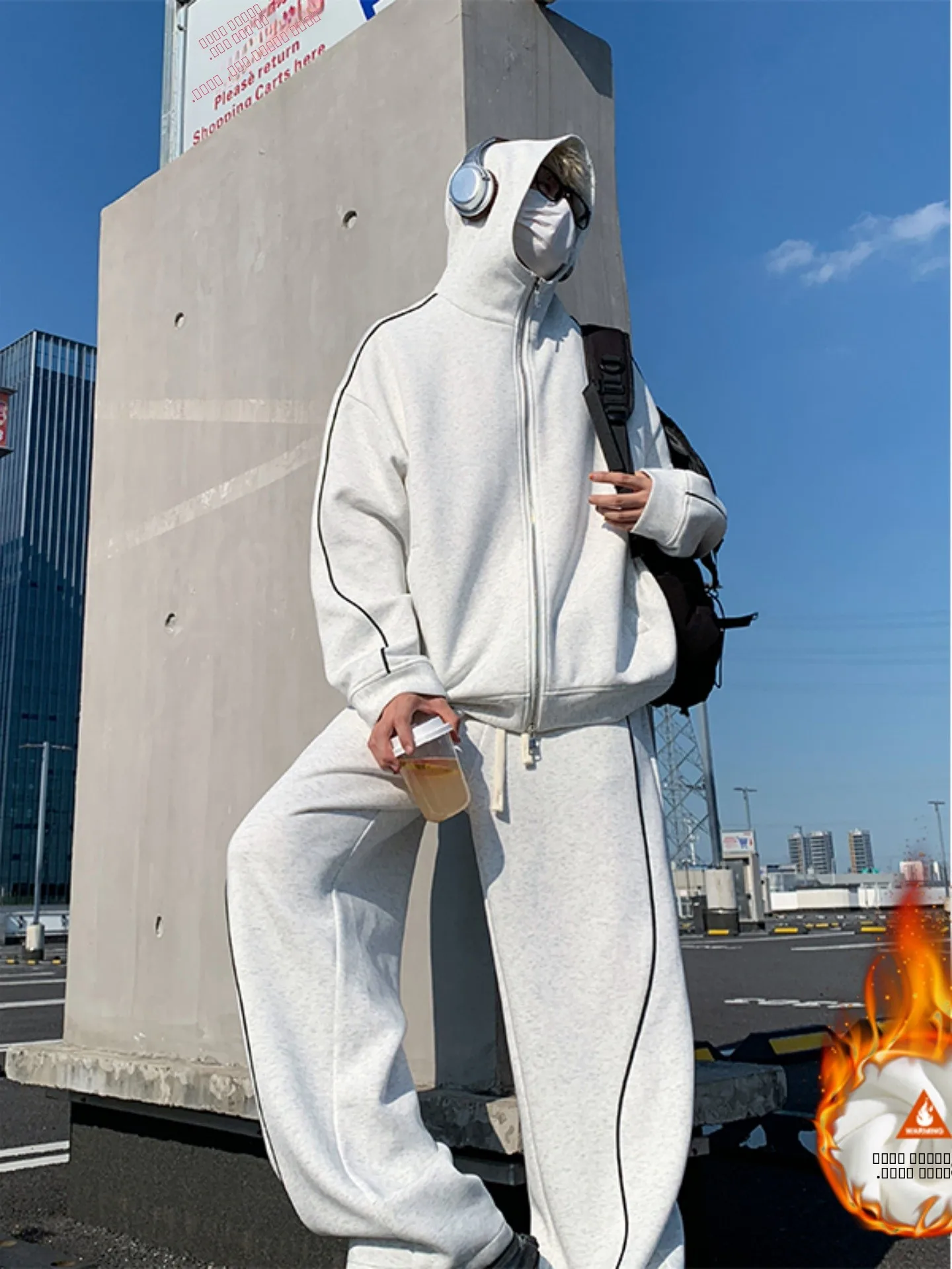 

Мужской спортивный костюм премиум-класса в полоску: утепленный свободный кардиган и брюки с широкими штанинами, осенне-зимний комплект из двух предметов