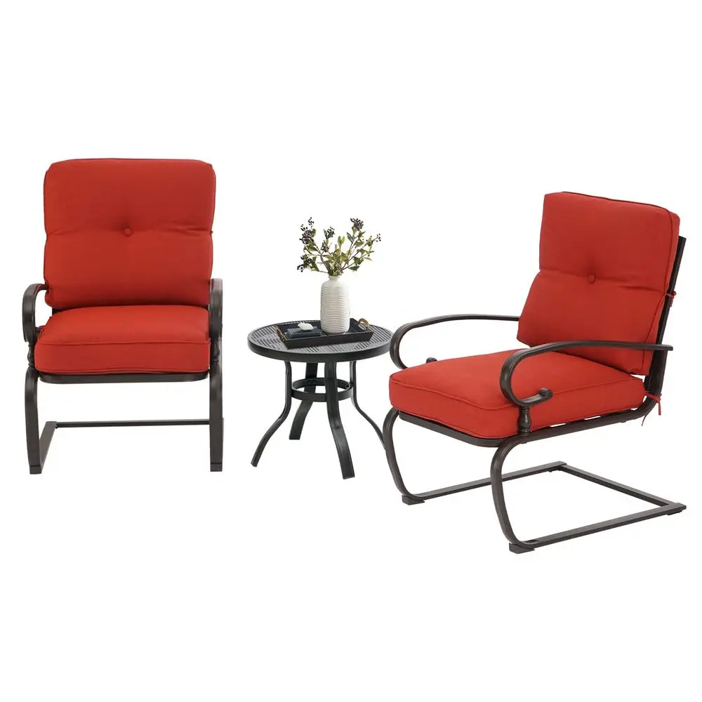 

Outdoor Bistro Set 3Piece Spring Metal Lounge Cushioned Chairs and Bistro Table Set Wrought Iron Cafe Furniture Seat, Red