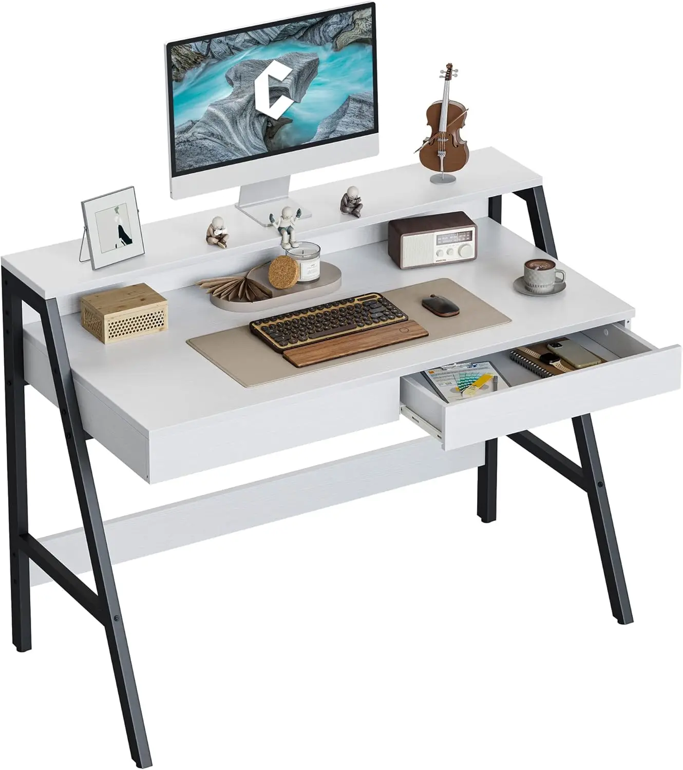 

Computer Desk with 2 Storage Drawers, 47 inch Home Office Desk with Monitor Stand, Writing Study Table, White