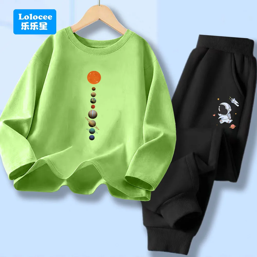 Conjunto de ropa de 2 uds para niños, camiseta de manga larga con sistema de dibujos animados, planetas espaciales, Top + Pantalones largos, chándal, traje deportivo para adolescentes YHYXQ1