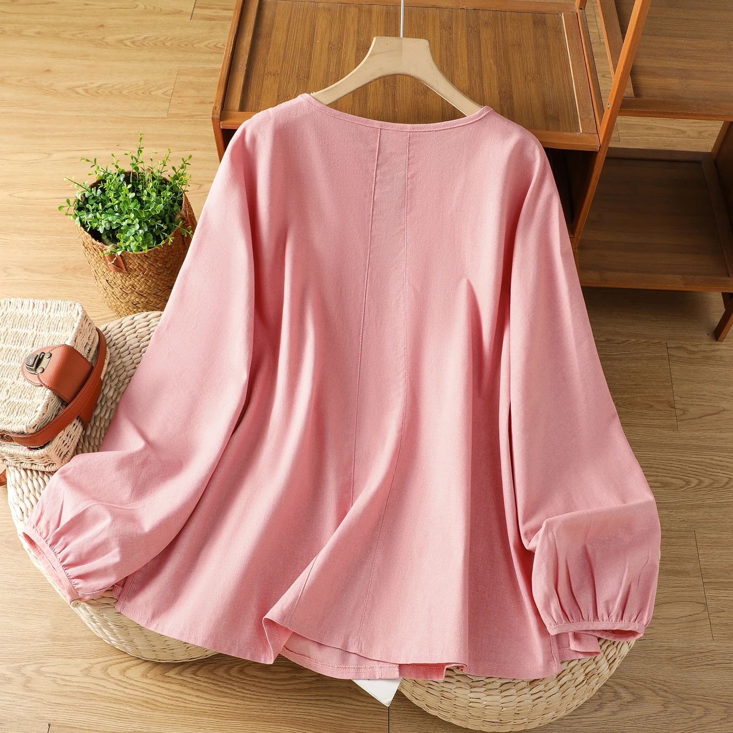 Damen Vintage Knopfleiste vorne Langarm rosa Hemden Blusen Frühling Herbst O-Ausschnitt lässig lose Strickjacke Boho-Stil Cover Up Tops