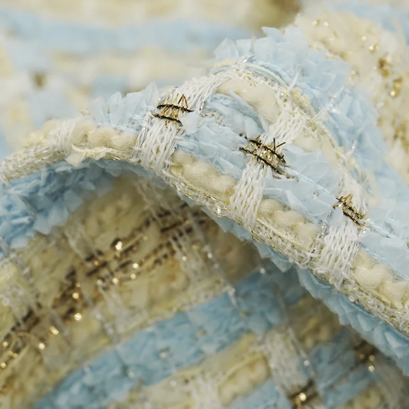 

Blue Gold Interlace Plaid Tweed fabric For Coat Telas Costura Tissus Couture ткань Sewing Stoffe Tecido Cloth Diy