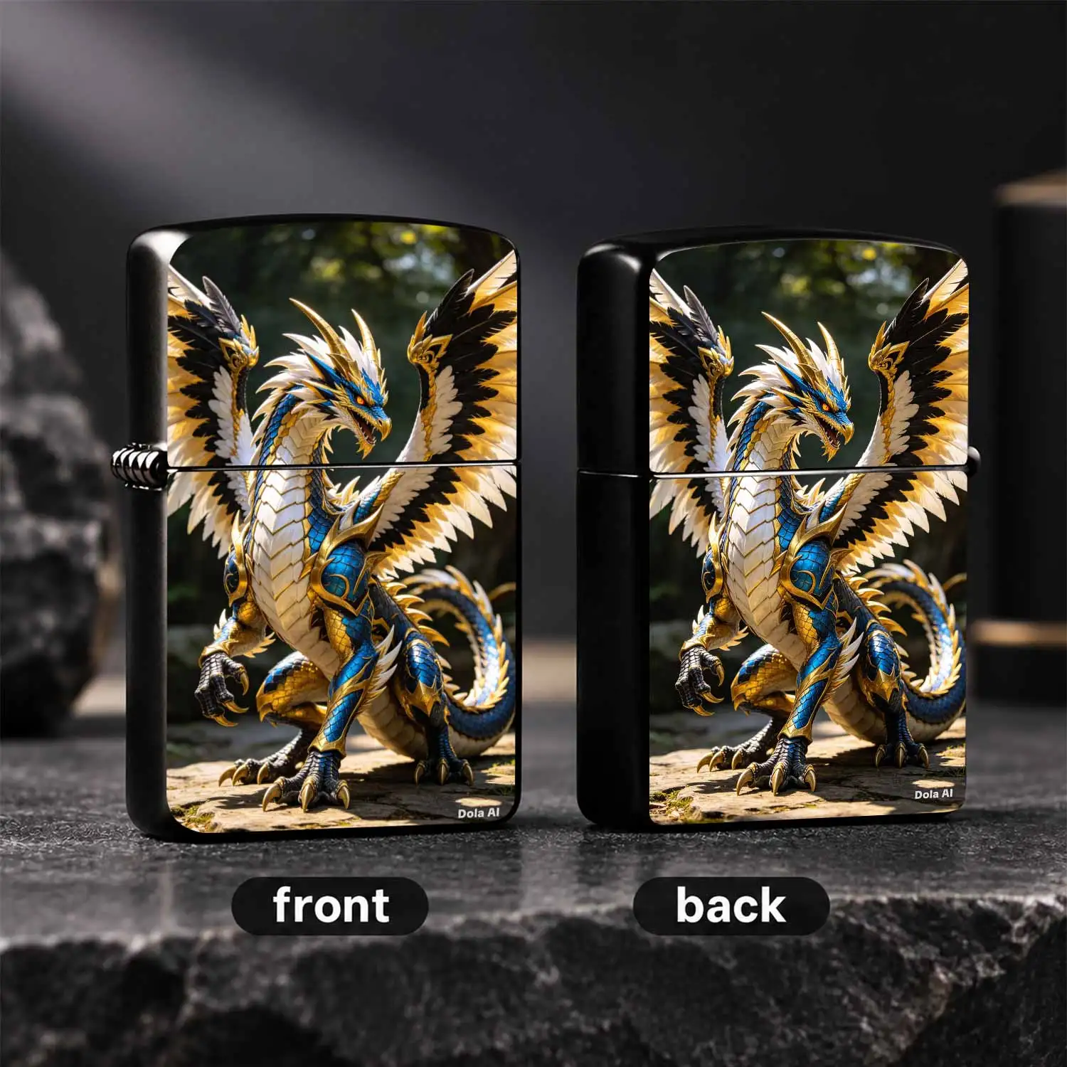 Mythical Blue-Gold Feathered Dragon Pattern Lighter, HD Vivid Fantasy Sacred Dragon Print PORTABLE Windproof Lighter, Unique Collectible Ignition Tool, Creative Holiday Birthday Gift For Dragon Lovers Family Friends Outdoor Daily Use A Fu
