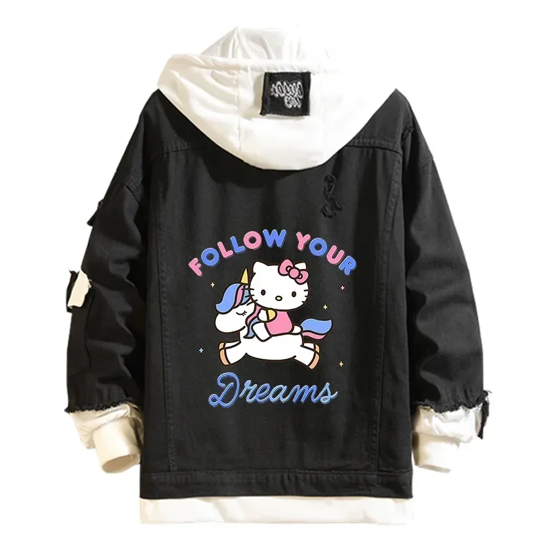 Anime Sanrio Denim Bomber Jacket Hello Kitty Hooded Jeans Sweatshirt Unisex Ripped Hole Cosplay Hoodie Long-Sleeved Denim Jacket