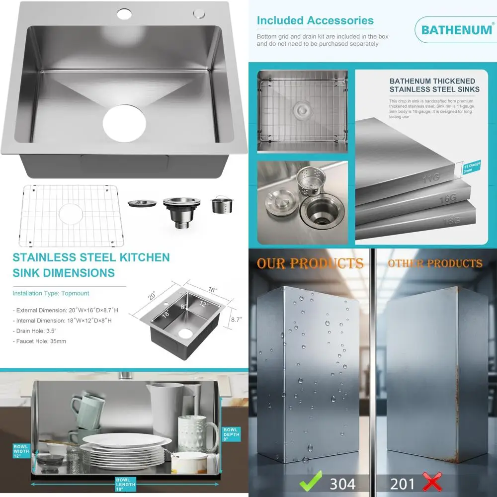 

Single Bowl Topmount Kitchen Sink, 20 x 16 inches, 304 Stainless Steel, Brushed Finish, with Drain Kit and Bottom Grid, Drop-in
