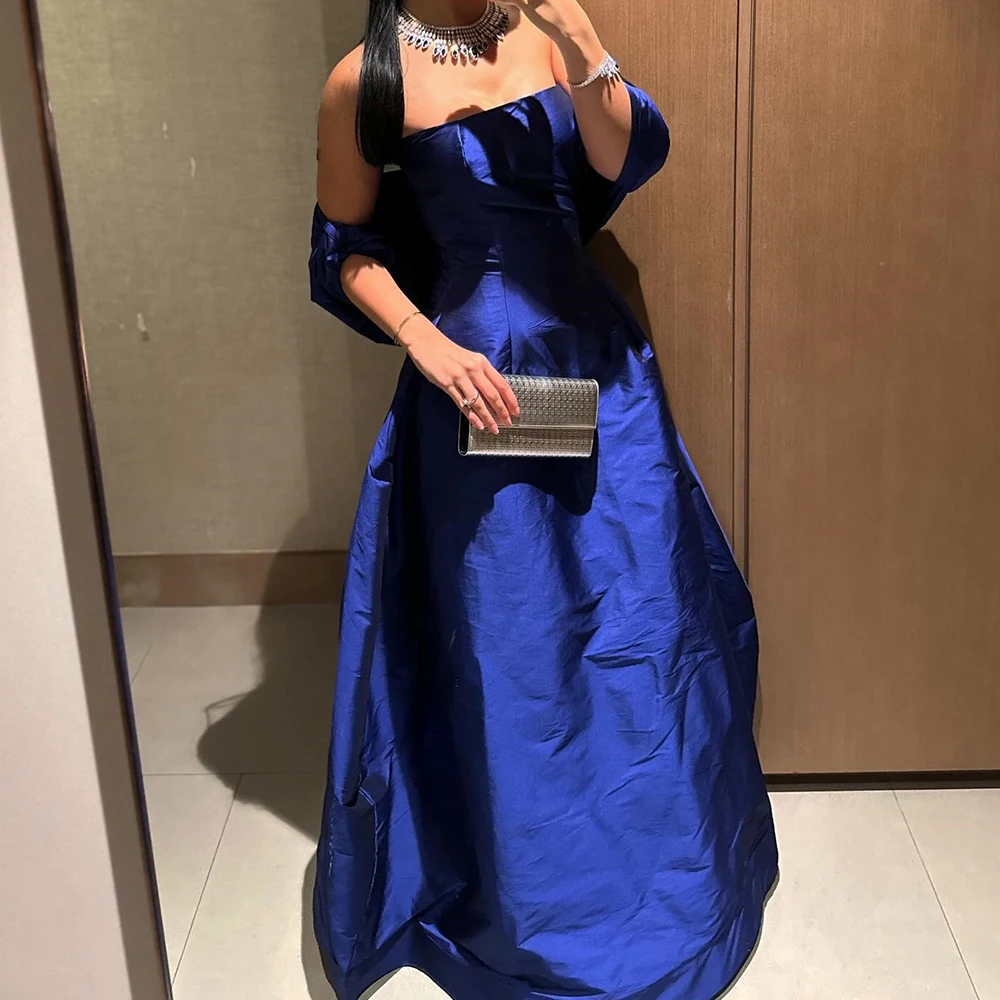 

Customized Satin A-Line Detachable Sleeve Evening Dress Strapless Floor Length Zipper Back Panel Train Solid ColorFormal