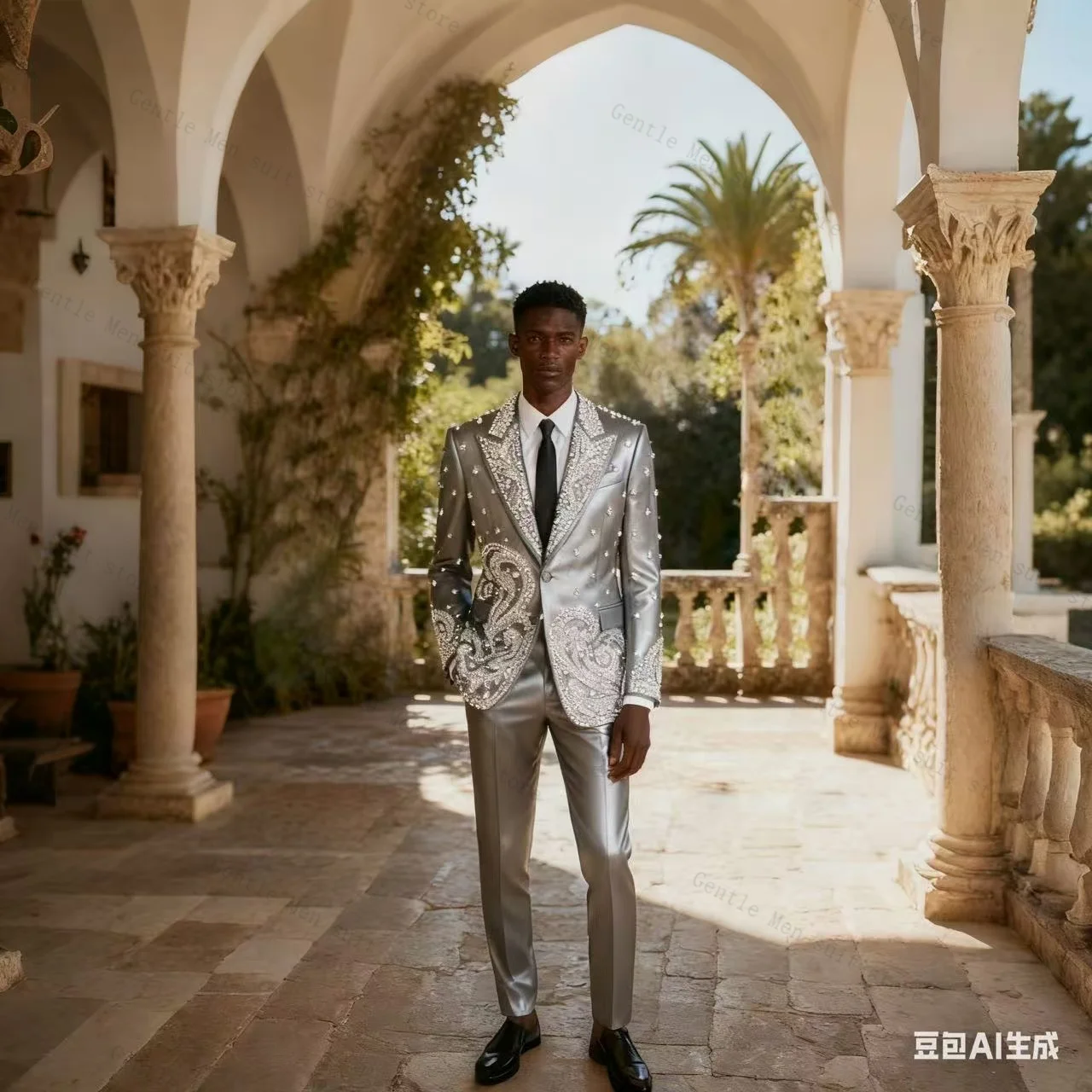 

Silver Crystals Men Suit Set 2 Piece Blazer+Pants Trousers Cotton Wedding Tuxedos Formal Office Jacket Prom Coat Customized