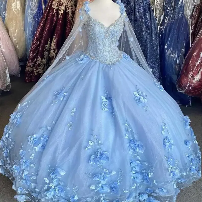 Strap Light Blue Quinceanera Dresses For 15 Party Fashion 3D Flower Lace Applique Luxury Princess Birthday Gowns