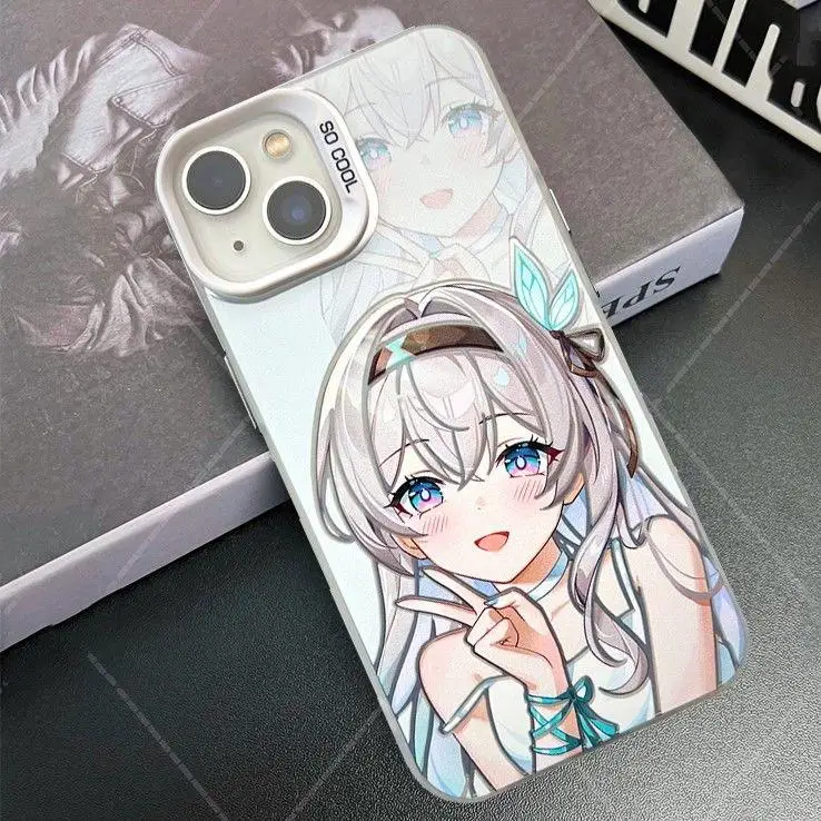 Niedliche Cartoon-Mädchen-Glühwürmchen-Honkai-Star-Schienen-Handyhülle für iPhone 17, 16, 15, 14, 13, 12, 11, Pro Max Plus, Air Mini-Spiel-Mädchen-Abdeckung