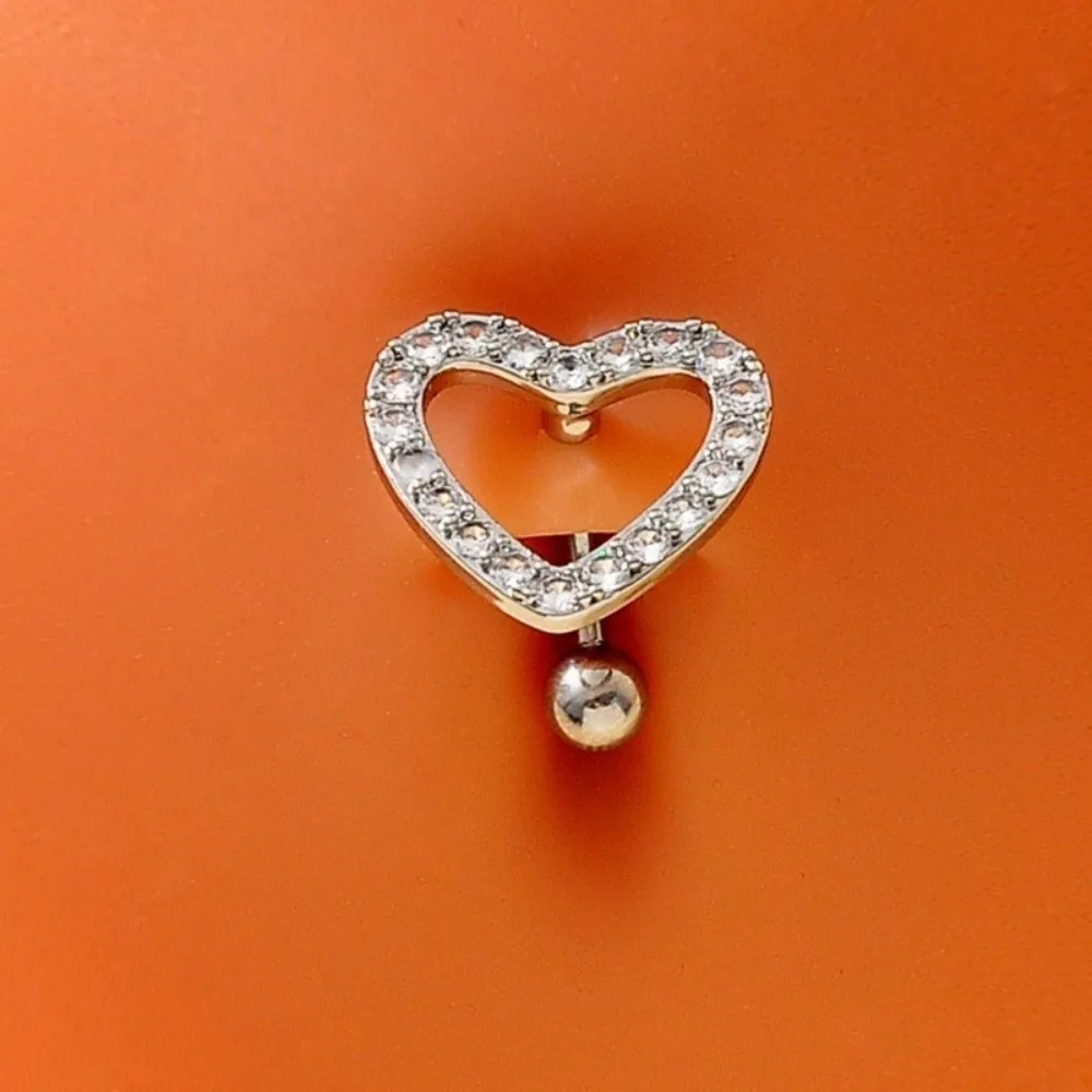 New Stainless Steel Navel Barbell Jewelry Rhinestone Sparkling Heart Belly Button Ring Individual Unique Navel Ring Summer