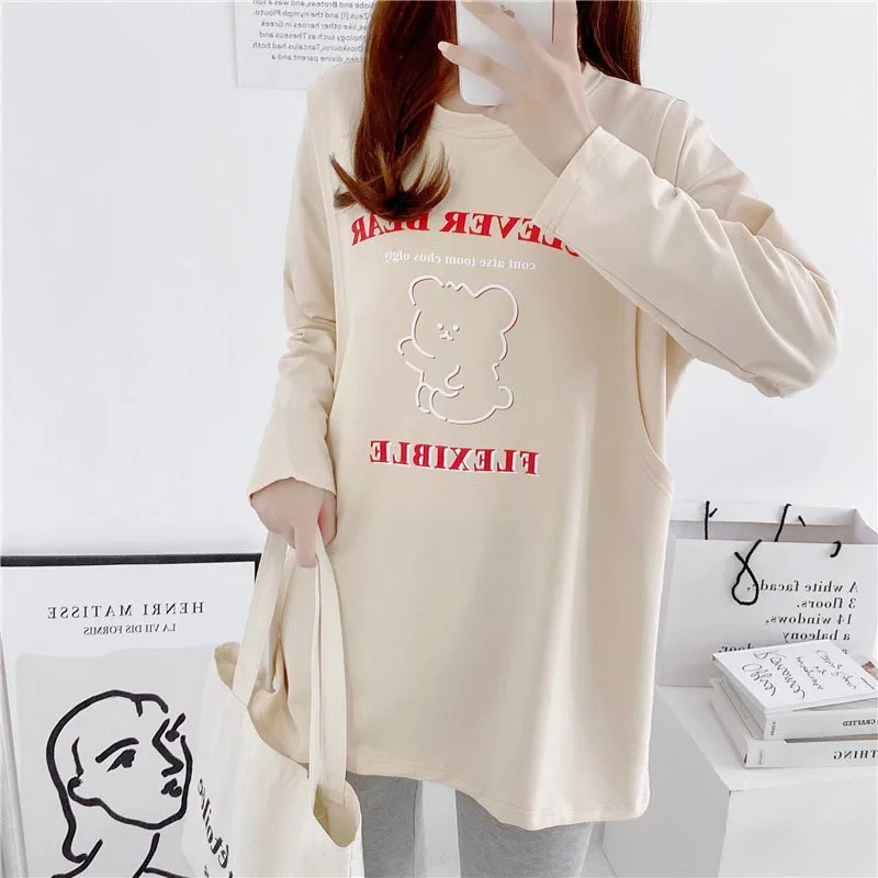 Spring Autumn Outdoor Maternity Clothing Long Sleeve Pregnancy Breastfeeding T Shirt Tops Cartoon Pregnant Women Nursing Clothes