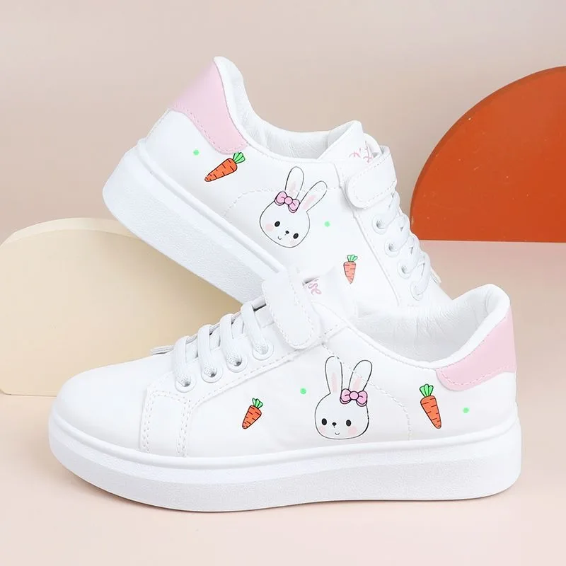 Summer Kids PU Leather White Shoes Kids Cartoon Print Breathable Sneakers Girls Flat Running Shoes Student Casual Skate Shoes
