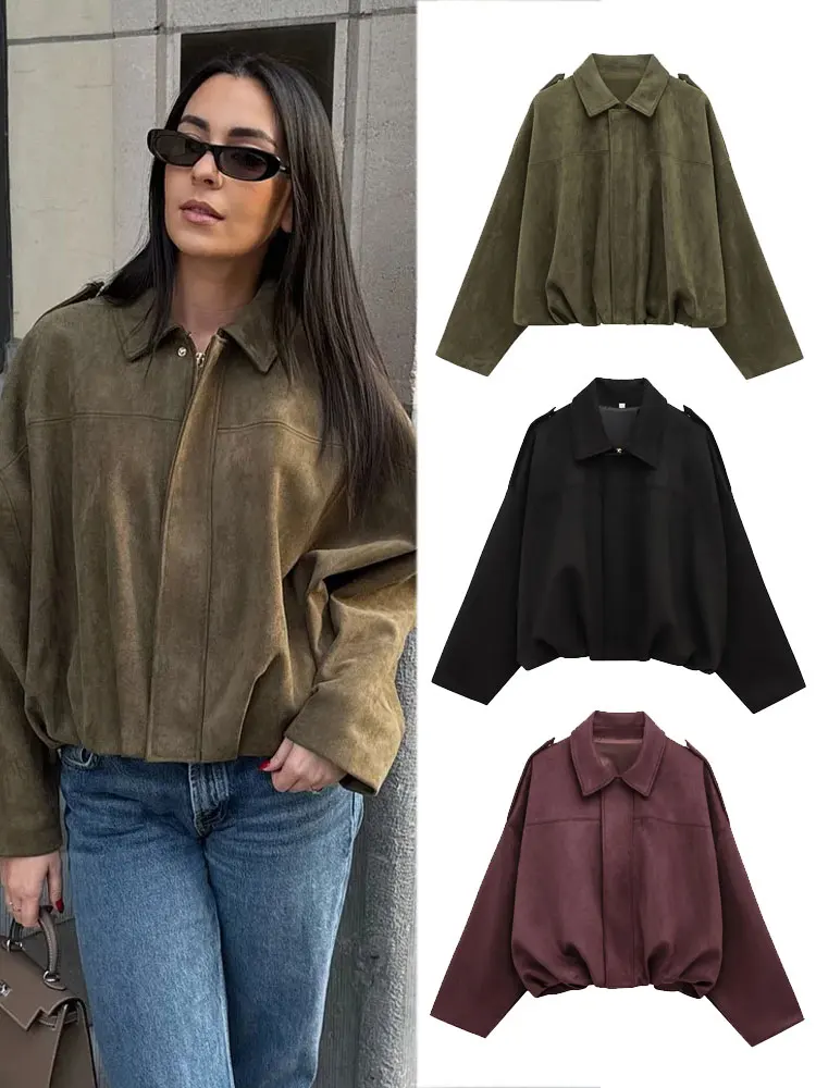 

TRAFZA Retro Suede Solid Color Suede Women'S Street Jacket Chic Lapel Zipper Top 2025 Spring Women'S Casual Commuter Jacket Y2K