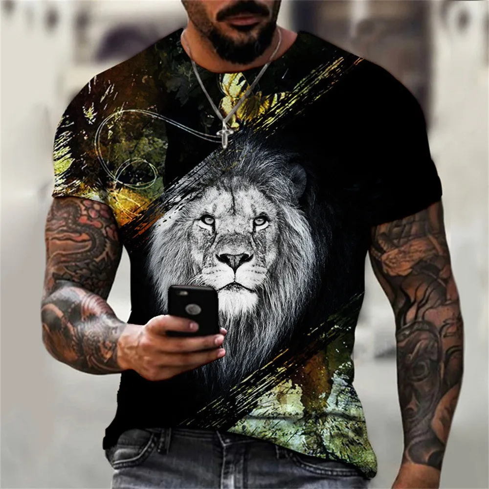 Europe and America Fashion Lion vintage t shirt For Men Trend Personality Printed Animal Pattern Round Neck Streetwear Tees Tops