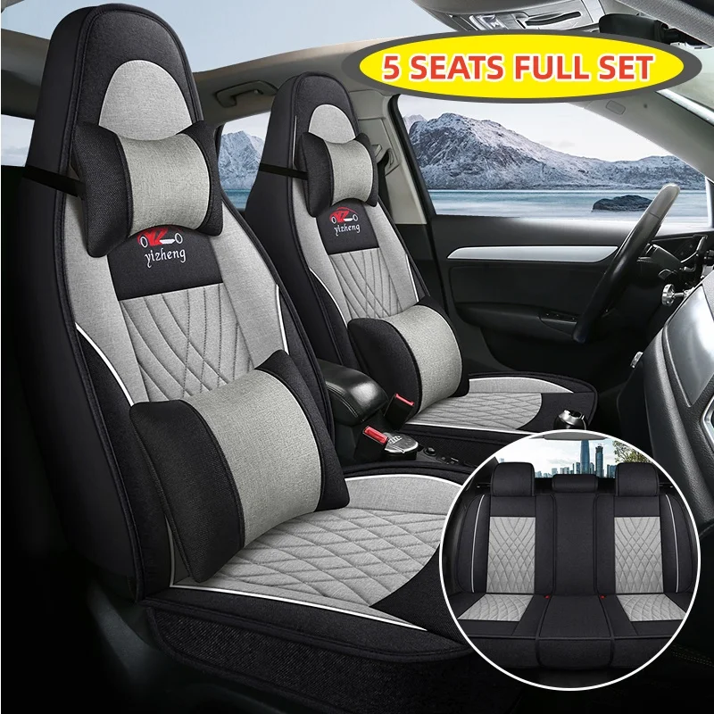 (Luxury Edition) 5-Seater Car Seat Covers with 2 Headrests and 2 Lumbar Supports, Luxurious Linen Full-Cover Integrated Car Seat Covers, Breathable and Wear-Resistant, Fits the Seats Well, Suitable for All Seasons, Fashionable and Aesthetically Pleasing, 3D Side Support, Airbag Compatible, Enhances Driving Experience, Suitable for Various Models Such as Sedans, Suvs, Trucks