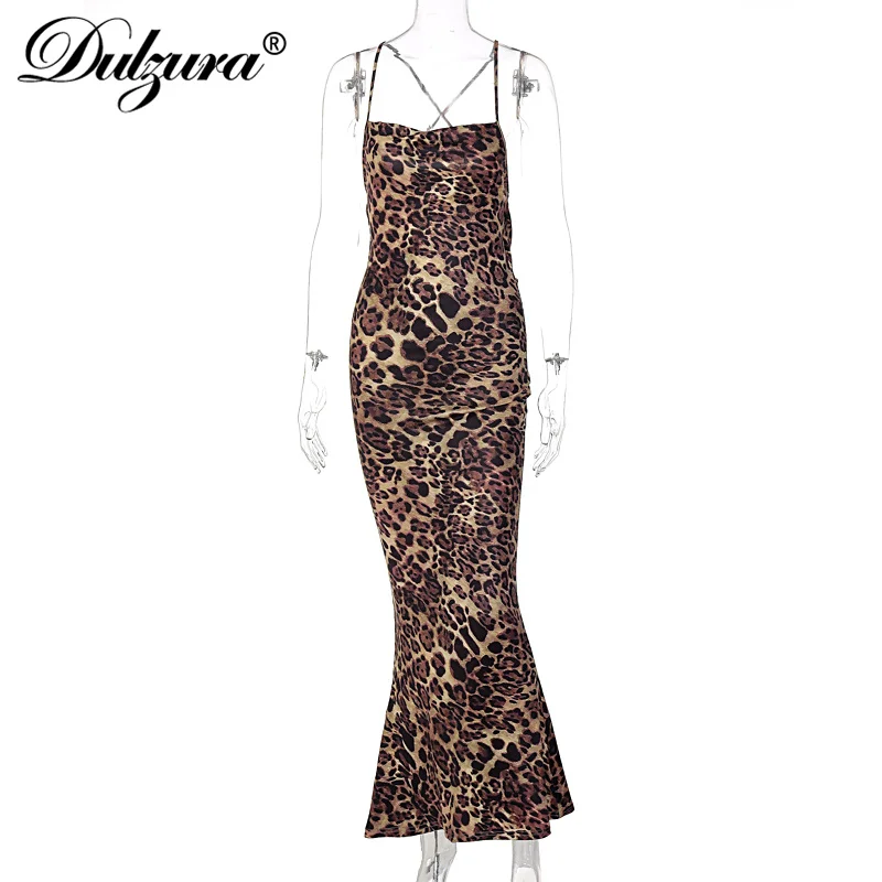 Dulzura 민소매 레오파드 캐미 맥시 드레스 백리스 레이스 업 섹시한 타이트 복장 파티 클럽 가을 겨울