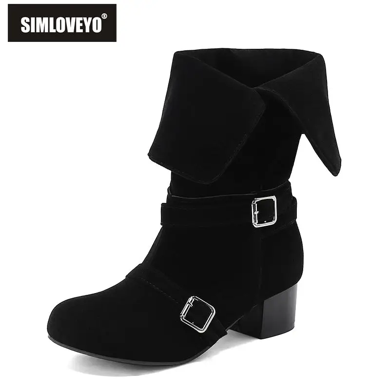 

SIMLOVEYO 2025 Новые женские ботильоны до середины икры - флоковая замша с круглым носком, 4 см, на массивном каблуке, большие размеры 44-46, повседневный стиль в стиле ретро