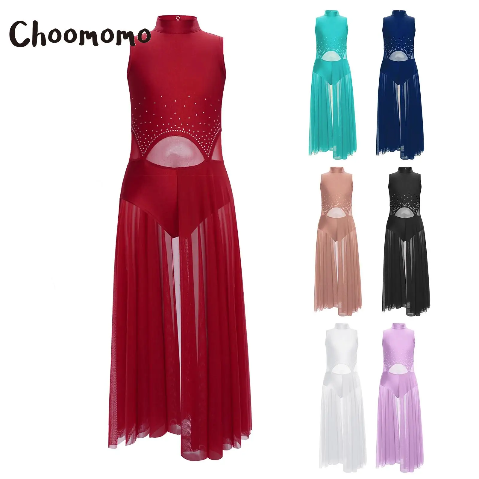 

Girls Ballet Lyrical Dance Dress Rhinestones Sleeveless Sheer Mesh Split Contemporary Gymnastics Figure Skating Dance Costumes