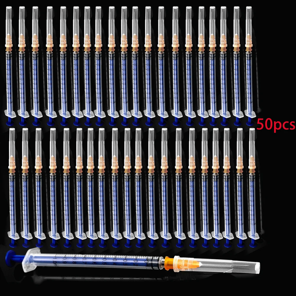 50 stuks wegwerp 1 ml/cc laboratoriumspuit met 1-inch naald, individueel verzegeld pakket