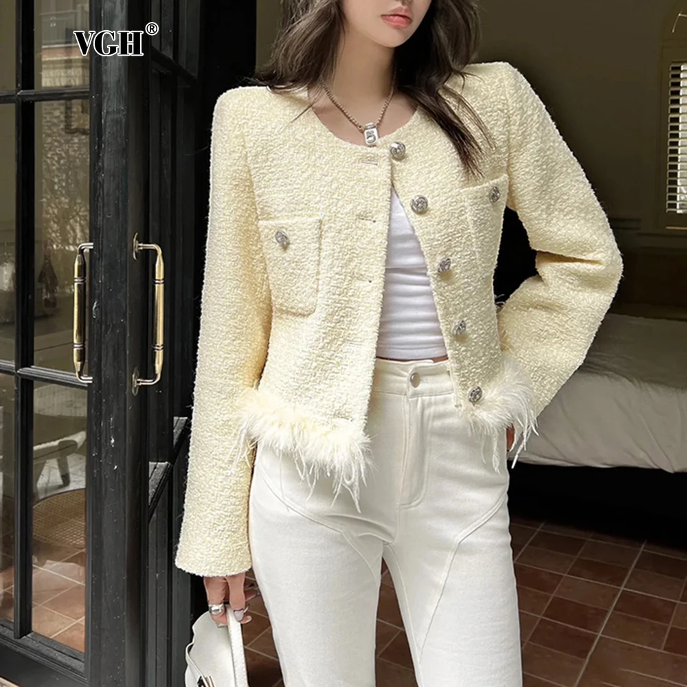 

VGH Chic Elegant Women Jackets O Neck Long Sleeve Patchwork Feather Hem Formal Short Cardigant Coats Female Autumn Clothing New